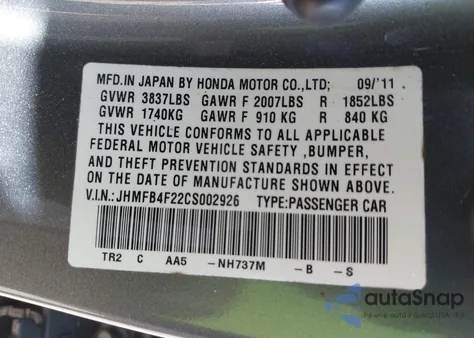 2012 Honda Civic Hybrid z USA, uszkodzony, nr VIN JHMFB4F22CS002926